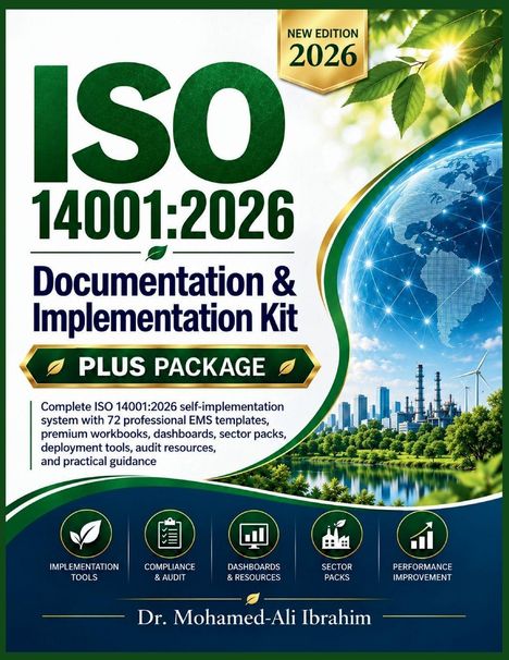 ISO 14001:2026 Dokumentations- & Implementierungskit. Grünes Design mit Blättern, Erde und Industrie.