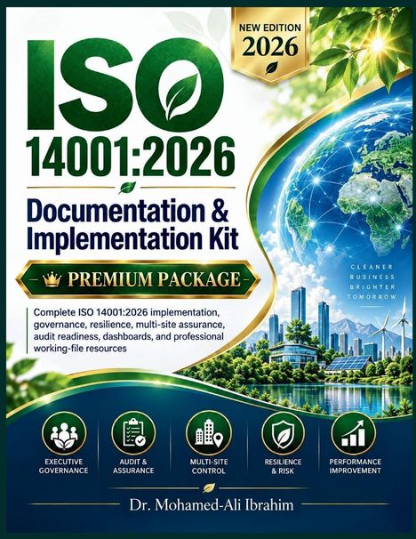 ISO 14001:2026, Documentation & Implementation Kit, Premium Package. Darunter Bilder von Erde, Natur und Gebäuden.