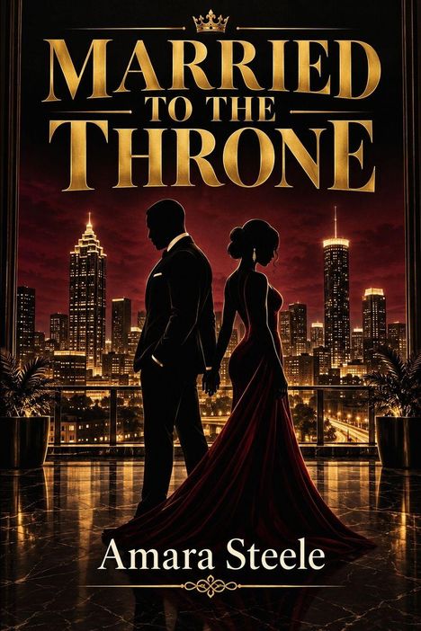 "Married to the Throne" und "Amara Steele" in Gold auf schwarzem Hintergrund. Silhouetten eines Paares vor einer Skyline.