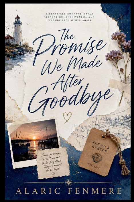 Ein Leuchtturm am Meer bei Sonnenuntergang, trockene Blumen, Karten und der Text "The Promise We Made After Goodbye".