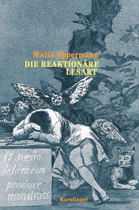 "Malte Oppermann - Die Reaktionäre Lesart" in Gelb, Illustration mit schlafender Person, umgeben von Eulen.