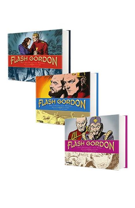 Drei Comics mit dem Titel "Flash Gordon", zeigen verschiedene Illustrationen von Charakteren.
