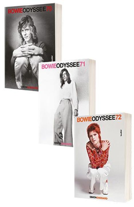 Drei Buchcover mit dem Titel "Bowie Odyssee 70", "71", "72". Jedes zeigt eine Person in verschiedenen Posen.