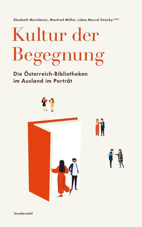 Text: "Kultur der Begegnung. Die Österreich-Bibliotheken im Ausland im Porträt. Sonderzahl." Illustration: Menschen um ein großes Buch.
