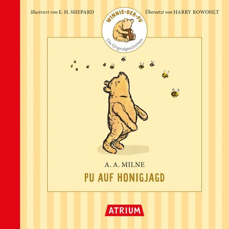 "Winnie-der-Pu", "PU AUF HONIGJAGD". Illustration: Pu, ein Bär, steht mit Bienen um ihn herum.