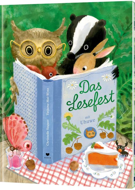 Text: "Das Lesefest mit Uhuwe". Illustration: Eule mit Brille, Dachs, Kaninchen und Eichhörnchen lesen ein Buch im Garten.