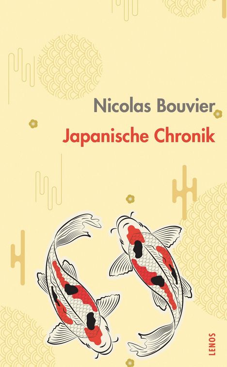 Zwei Koi-Fische mit rot-schwarzen Mustern schwimmen elegant. Text: "Nicolas Bouvier, Japanische Chronik".