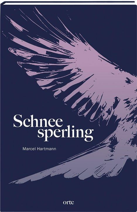 "Schneesperling" von Marcel Hartmann, mit Illustration eines Vogelflügels in lila auf dunkelblauem Hintergrund.