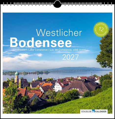 „Westlicher Bodensee 2027“, mit einer idyllischen Landschaft und einem See im Hintergrund, Häuser und ein grüner Hügel.