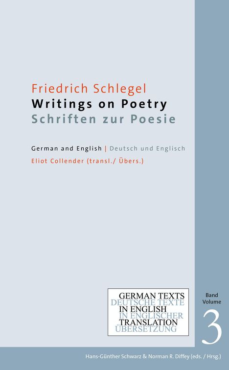 Buchcover mit dem Text: "Friedrich Schlegel, Writings on Poetry, Schriften zur Poesie, German and English, Eliot Collender".