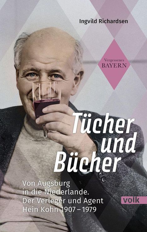 Cover eines Buches. Titel: "Tücher und Bücher". Autor: Ingvild Richardsen. Ein älterer Mann mit Glas Rotwein.