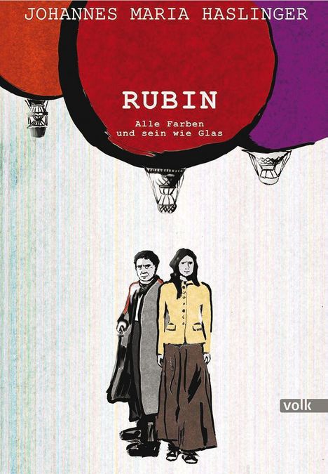 "Johannes Maria Haslinger, Rubin: Alle Farben und sein wie Glas". Illustration: Zwei Personen unter Heißluftballons.