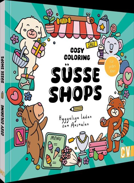 „Cosy Coloring: Süße Shops“, „Hygge Läden zum Ausmalen“. Illustration von Tieren mit Geschenken und Lebensmitteln.