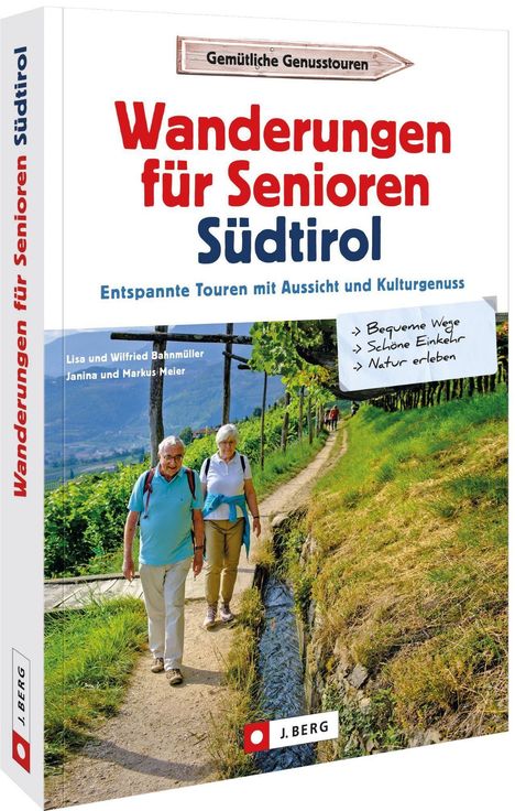 „Wanderungen für Senioren Südtirol“: entspannte Touren. Zwei ältere Menschen wandern auf einem sonnigen, grünen Weg.
