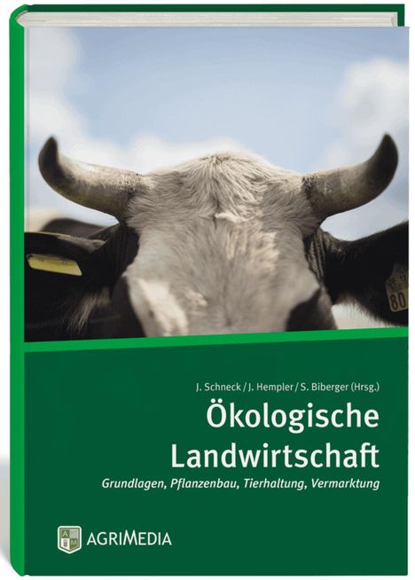 Buchtitel: "Ökologische Landwirtschaft", darunter Kühe mit Hörnern, AGRIMEDIA-Logo, grüner Hintergrund.