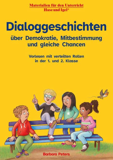 Dialoggeschichten über Demokratie. Vier Kinder sitzen auf einer Bank, diskutieren lebhaft, Vogel fliegt vorbei.