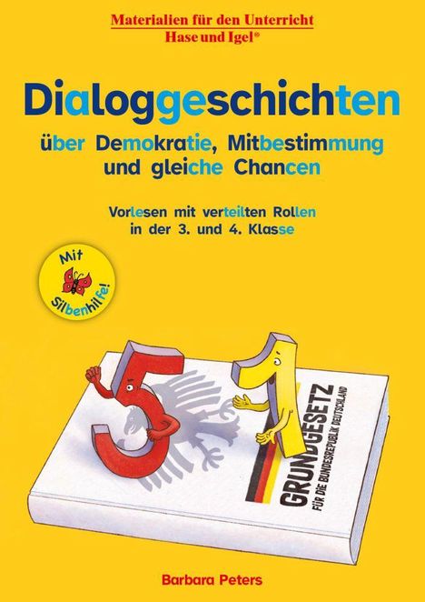 "Dialoggeschichten über Demokratie, Mitbestimmung und gleiche Chancen." Zwei Zahlen auf dem Grundgesetz als Illustration.