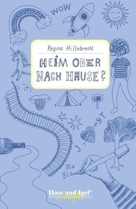 „Regina Hillebrecht: HEIM ODER NACH HAUSE?“ Bleistiftzeichnungen mit Rakete, Regenbogen, Einhorn, Zelt, Fahrspur.
