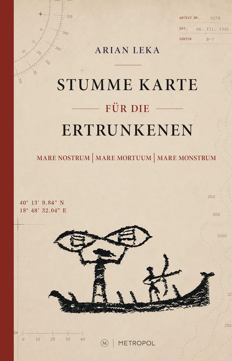 Titel: "Stumme Karte für die Ertrunkenen". Illustration eines Boots mit Figuren und Koordinaten.