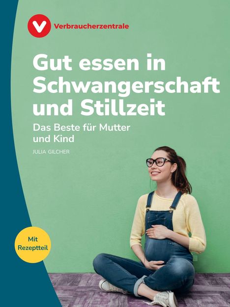 „Gut essen in Schwangerschaft und Stillzeit. Das Beste für Mutter und Kind.“ Frau sitzt lächelnd am Boden.