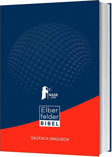 "Elberfelder Bibel" und "DEUTSCH-ENGLISCH" in weiß auf rotem und blauem Hintergrund, Buchcover mit Punktemuster.