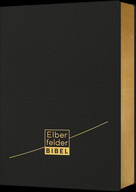 "Elberfelder Bibel" steht in goldenen Buchstaben auf einem schwarzen Einband mit einer feinen, diagonalen Linie.