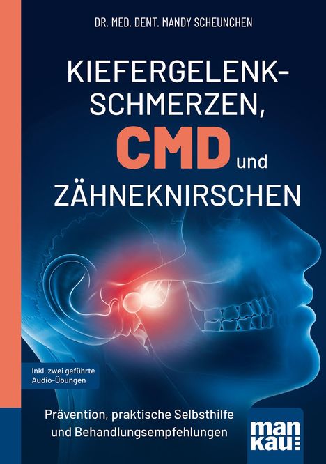 Titel: "Kiefergelenk-Schmerzen, CMD und Zähneknirschen". Illustration des Kopfes mit hervorgehobenem Kiefergelenk.