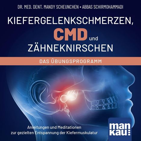 „Kiefergelenkschmerzen, CMD und Zähneknirschen“ mit Autorennamen. Illustration eines Schädels mit Hervorhebung des Kiefergelenks.