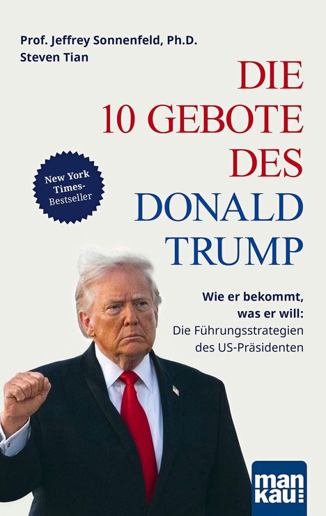 Text: "Die 10 Gebote des Donald Trump", "New York Times-Bestseller". Darunter ein Mann in Anzug mit erhobener Faust.