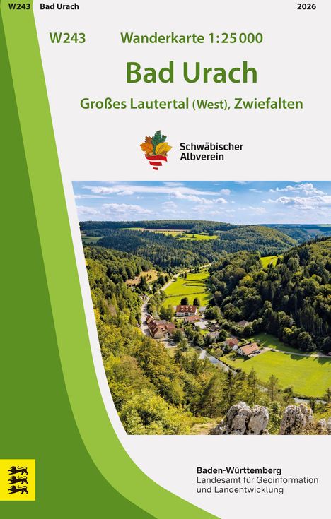 W243, Wanderkarte 1:25 000; Bad Urach, Großes Lautertal (West), Zwiefalten. Logo: Schwäbischer Albverein; Landschaftspanorama.