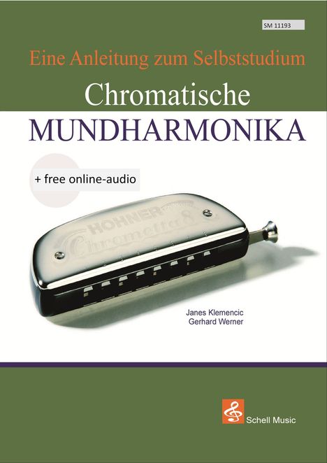 Text: "Eine Anleitung zum Selbststudium, Chromatische MUNDHARMONIKA, + free online-audio." Bild zeigt eine Mundharmonika.