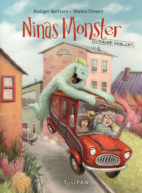 "Ninas Monster – Zuhause gesucht." Cover: Ein grünes Monster und lachende Insassen in einem roten schwebenden Auto in einer Straße.