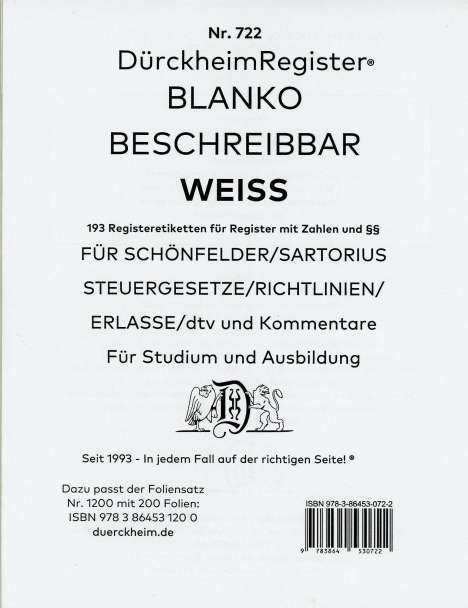 Constantin von Dürckheim: DürckheimRegister® BLANKO-WEISS beschreibbar für Gesetzessammlungen Nr. 722, Buch