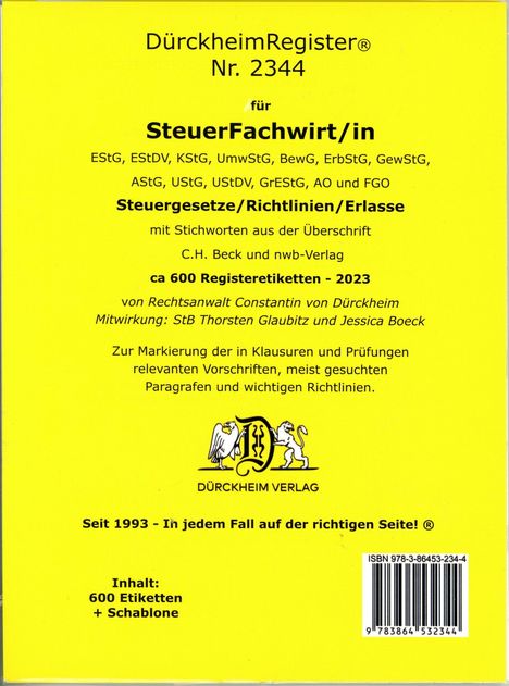 DürckheimRegister® STEUERFACHWIRT/IN Steuegesetze- Richtlinien + Erlasse mit Stichworten, Buch