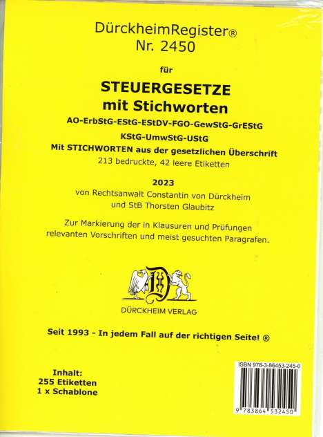 DürckheimRegister® STEUERGESETZE mit Stichworten (2023), Buch