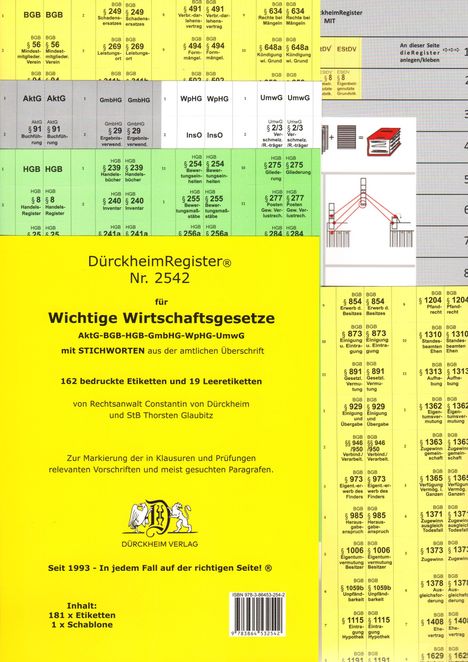 Thorsten Glaubitz: DürckheimRegister® WICHTIGE WIRTSCHAFTSGESETZE (BGB, HGB, GmbHG, AktG, UmwG) MIT Stichworten, Diverse