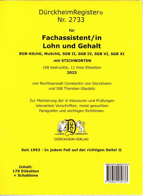DürckheimRegister® - Fachassistent LOHN U GEHALT(ArbR-SGB) Nr. 2733 (2020), Buch