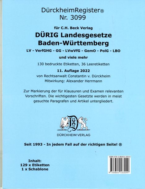 Constantin von Dürckheim: DürckheimRegister® für DÜRIG: BADEN-WÜRTTEMBERG, C.H. Beck Verlag, Diverse