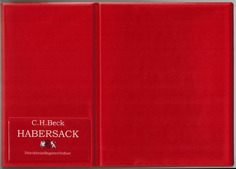 Auf rotem Hintergrund steht: "C.H.Beck HABERSACK DürckheimRegisterOrdner". Ein Wappen zeigt einen Löwen.