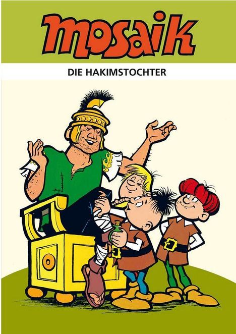 „Mosaik - Die Hakimstochter“. Illustration: Drei Jungen umstehen einen lächelnden Mann in römischem Outfit auf einem Thron.