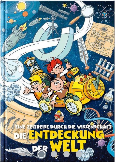 Eine Zeitreise durch die Wissenschaft. Die Entdeckung der Welt. Comic-Illustration mit drei fröhlichen Figuren in einer Zeitmaschine.