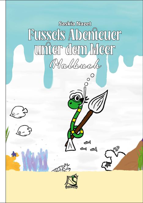 Titel: "Fussels Abenteuer unter dem Meer - Malbuch". Illustration: Eine grüne Schlange mit Pinsel im Meer.