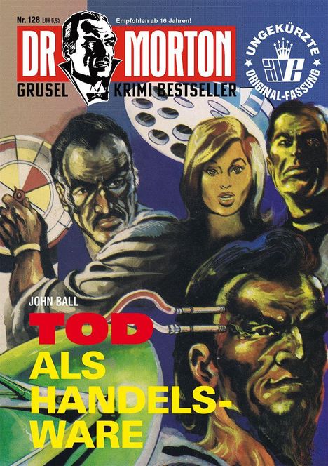 "John Ball: TOD ALS HANDELSWARE" in großen Buchstaben. Ein dramatisches Krimi-Cover mit drei ernsten Figuren.