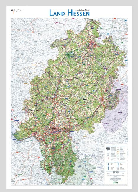 Text: "Land Hessen ...auf einen Blick!"
Eine detaillierte, farbige Karte von Hessen mit Städten und Straßen.