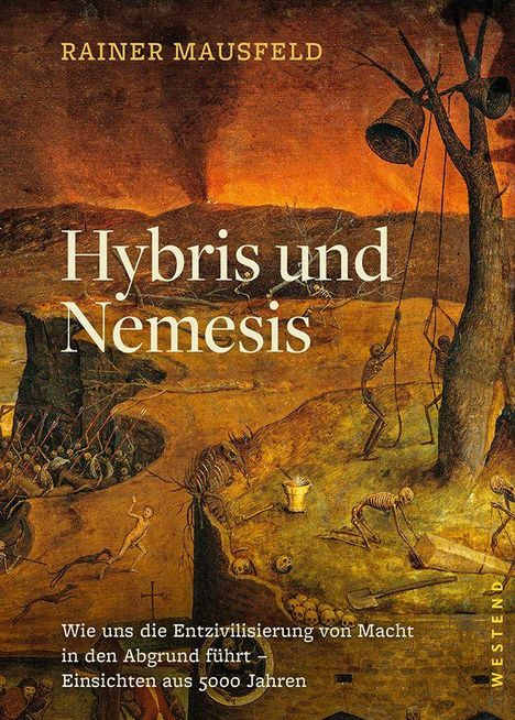 "Hybris und Nemesis", Buch von Rainer Mausfeld. Untertitel: Entzivilisierung von Macht - 5000 Jahre Einblicke. Hintergrund: düstere Landschaft mit Skeletten.