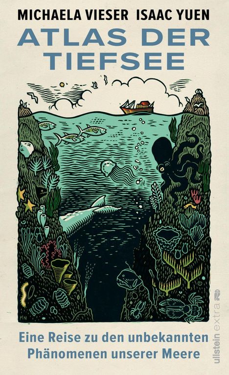 ATLAS DER TIEFSEE. Illustration einer Unterwasserszene mit Fischen, Taucher, Korallen und einem Boot an der Oberfläche.
