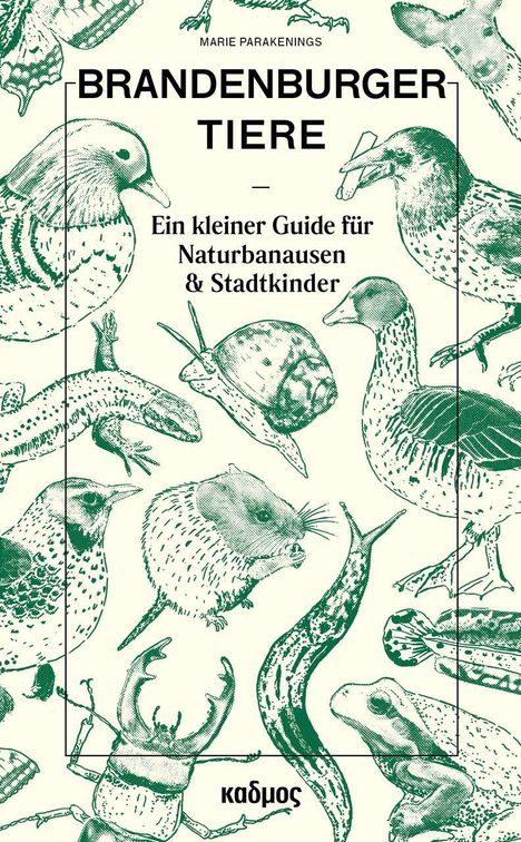 “BRANDENBURGER TIERE", Guide für Naturbanausen & Stadtkinder. Illustration von Tieren wie Schnecke, Vögel, Eidechse, Frosch.