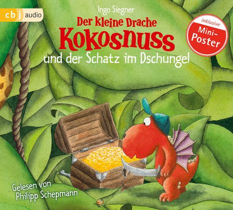 Text: „Der kleine Drache Kokosnuss und der Schatz im Dschungel“. Illustration eines roten Drachen mit Schatzkiste im Dschungel.