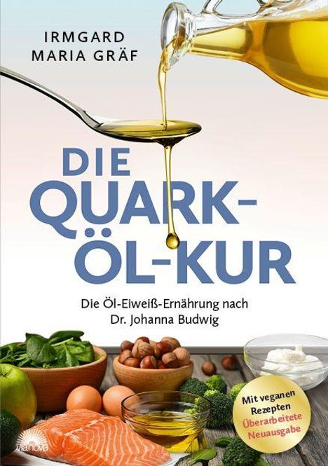 "Die Quark-Öl-Kur" von Irmgard Maria Gräf. Zutaten wie Spinat, Nüsse und Öl werden gezeigt.