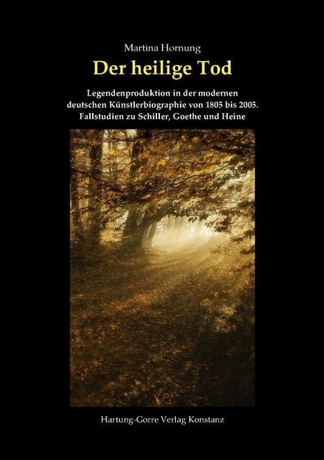 Text: Martina Hornung, Der heilige Tod. Waldweg im Herbst mit gefiltertem Sonnenlicht, das durch Bäume scheint.